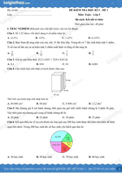 Đề kiểm tra học kì 2 Toán 5 Kết nối tri thức - Đề số 1